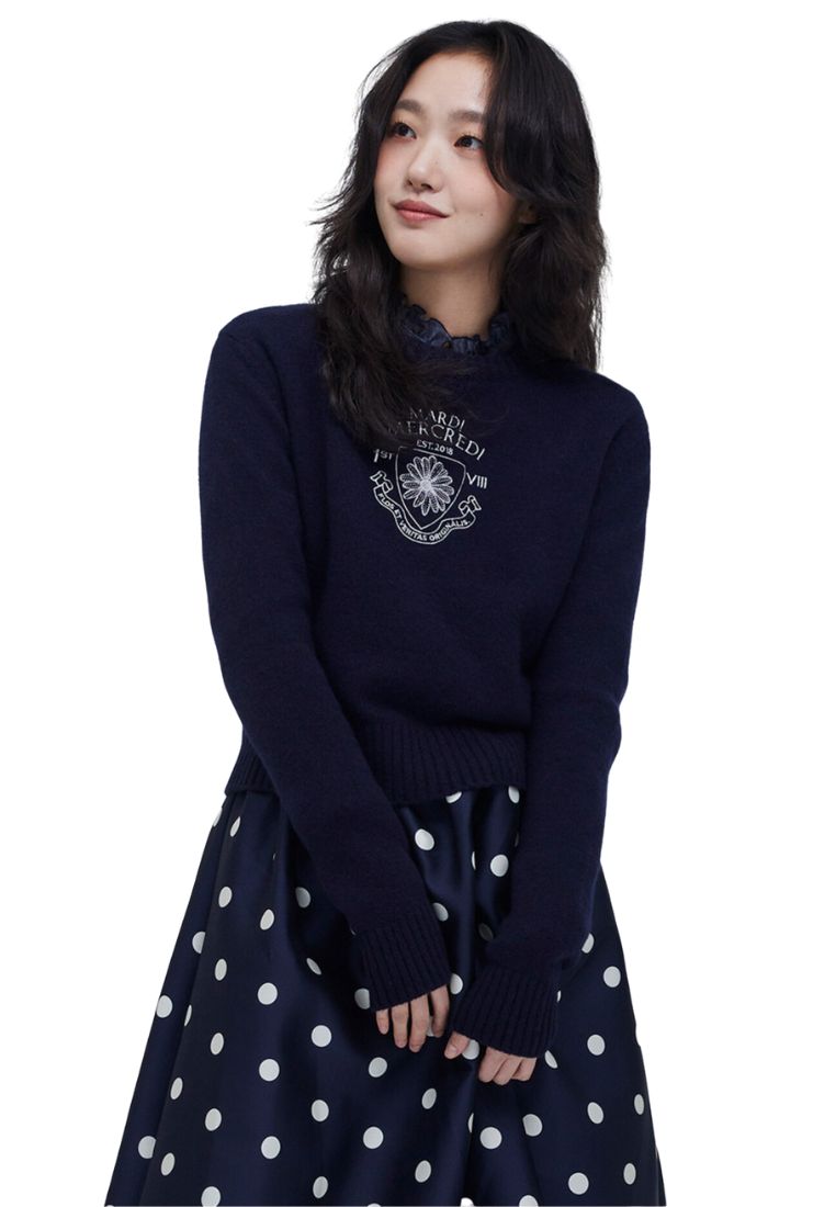 Cashmere Cropped Pullover Alumni Small Emblem Navy Beige