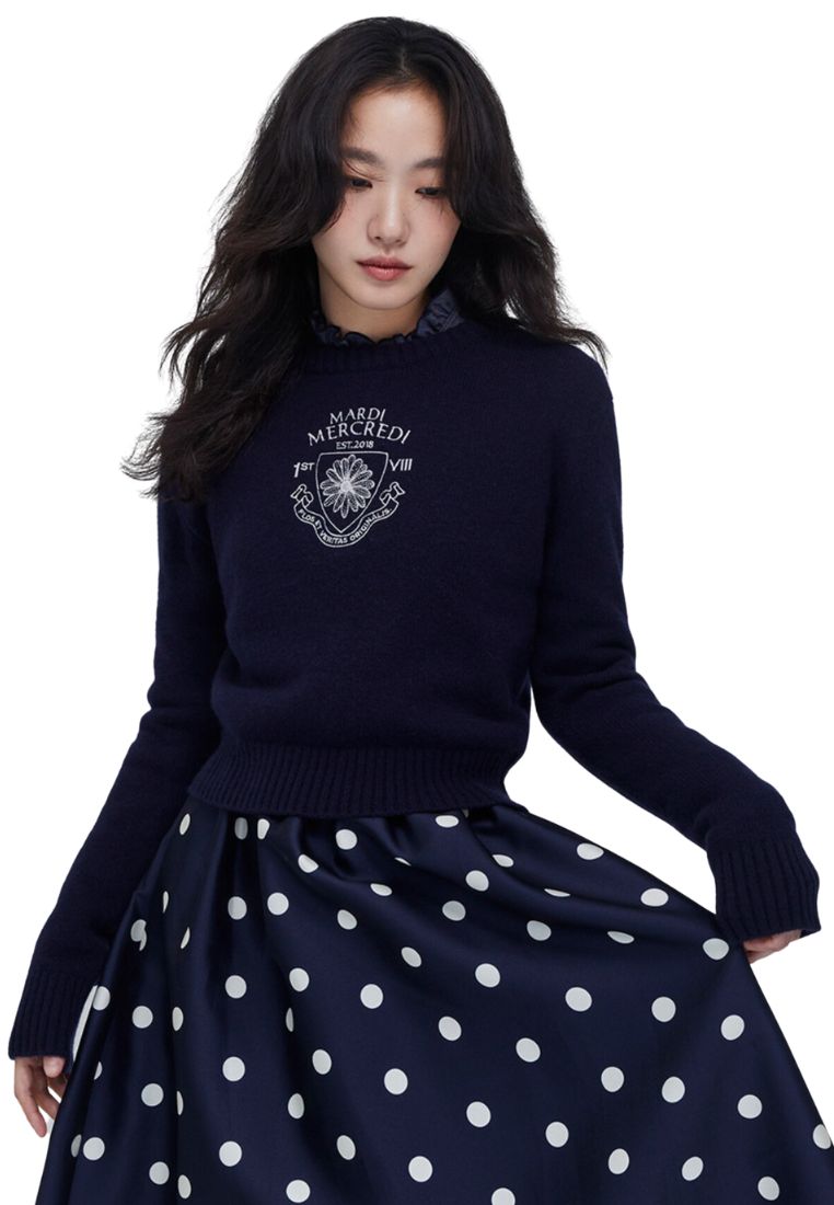 Cashmere Cropped Pullover Alumni Small Emblem Navy Beige
