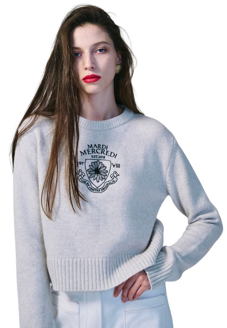 Cashmere Cropped Pullover Alumni Small Emblem White Black