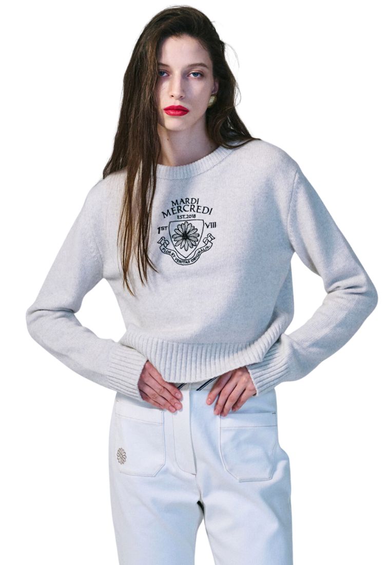 Cashmere Cropped Pullover Alumni Small Emblem White Black