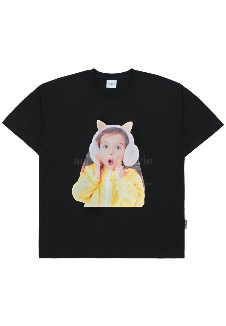 Cat Earplug Short Sleeve T-Shirt Black