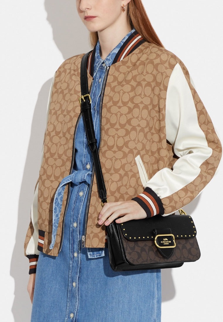 Morgan Shoulder Bag In Colorblock Signature Canvas With Rivets Brown Black