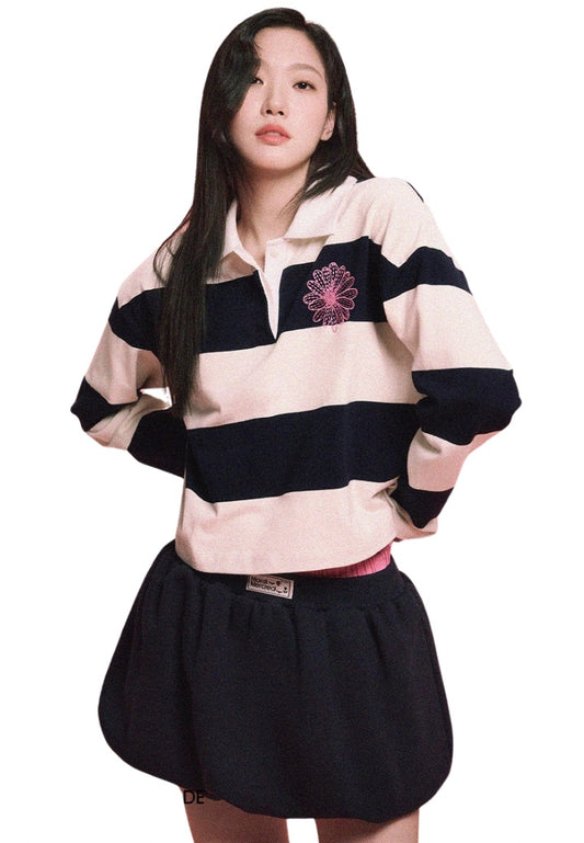 Rugby Shirt Stripe Flower Ivory Navy