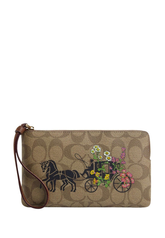 Large Corner Zip Wristlet In Signature Canvas With Floral Horse And Carriage Khaki Multi