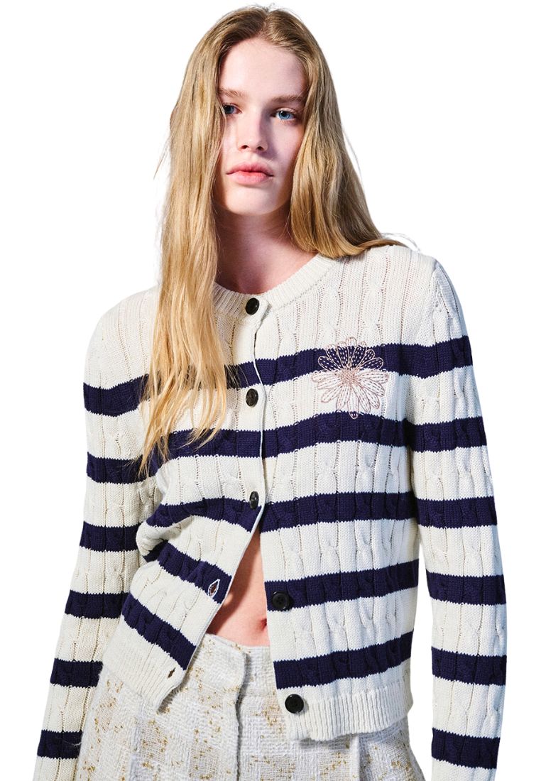 Cotton Cardigan Round Neck Stripe Ivory Beige
