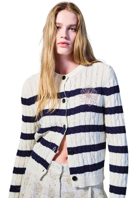 Cotton Cardigan Round Neck Stripe Ivory Beige