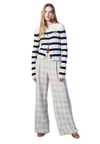 Cotton Cardigan Round Neck Stripe Ivory Beige