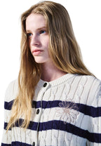 Cotton Cardigan Round Neck Stripe Ivory Beige