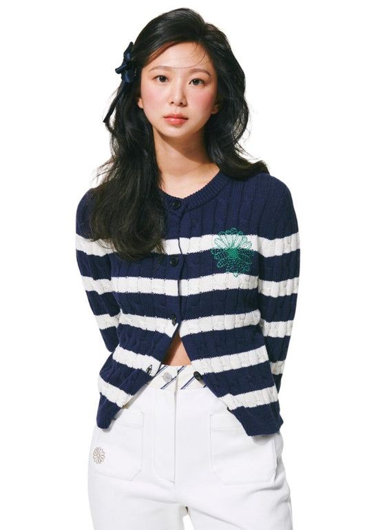 Cotton Cardigan Round Neck Stripe Navy Green