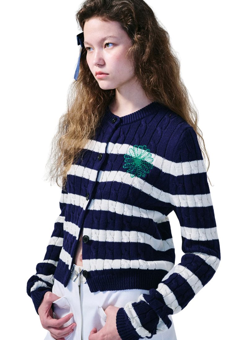 Cotton Cardigan Round Neck Stripe Navy Green