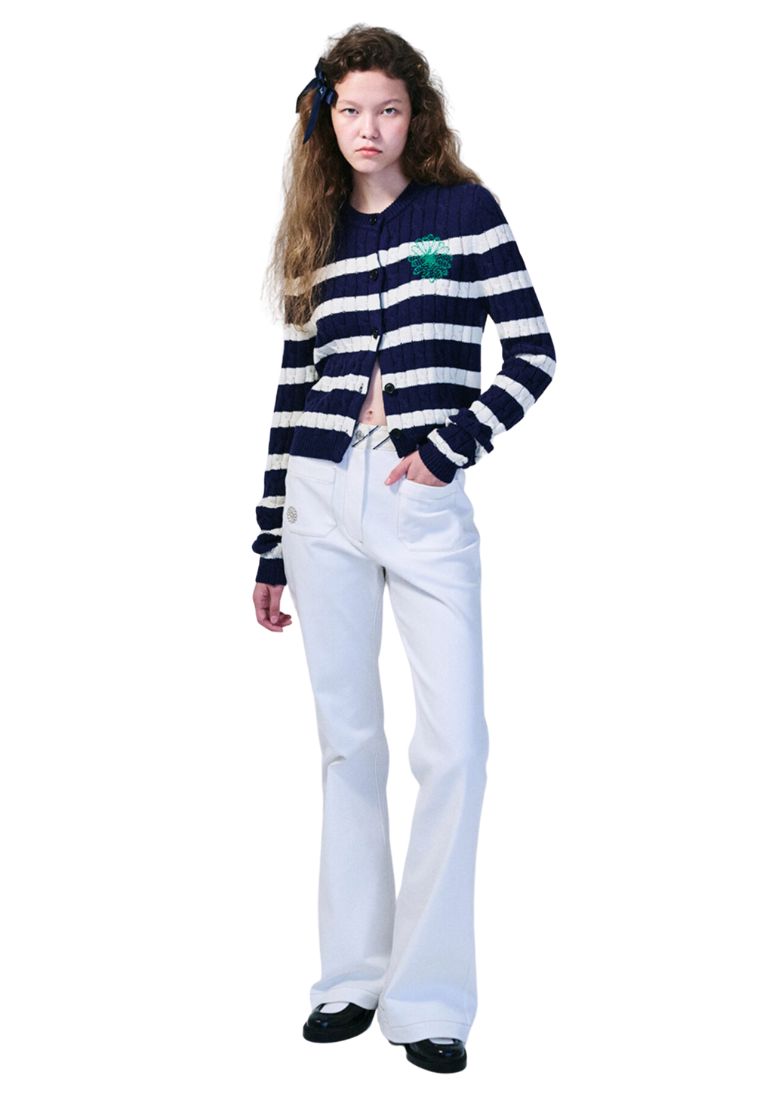 Cotton Cardigan Round Neck Stripe Navy Green