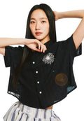 Cotton Cropped Shirt Half Sleeve Navy Cream