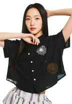 Cotton Cropped Shirt Half Sleeve Navy Cream