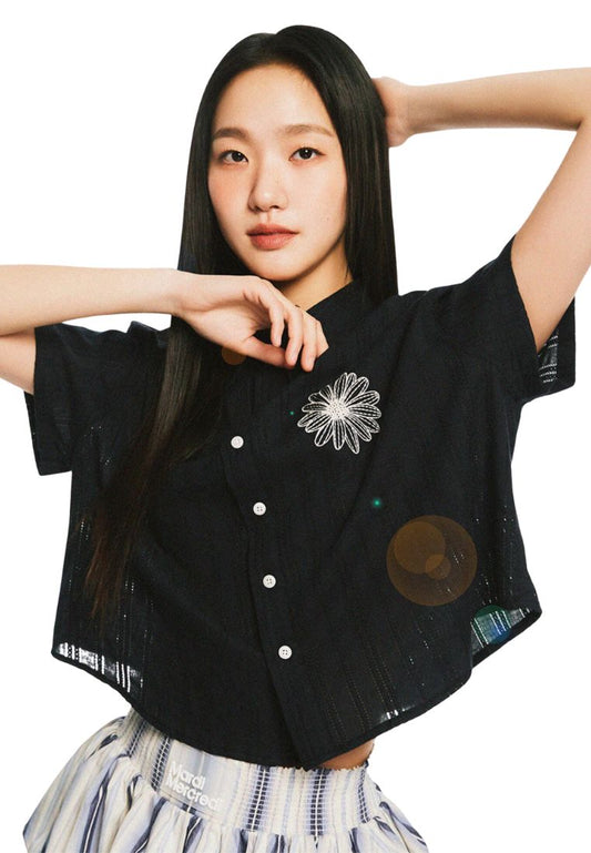Cotton Cropped Shirt Half Sleeve Navy Cream