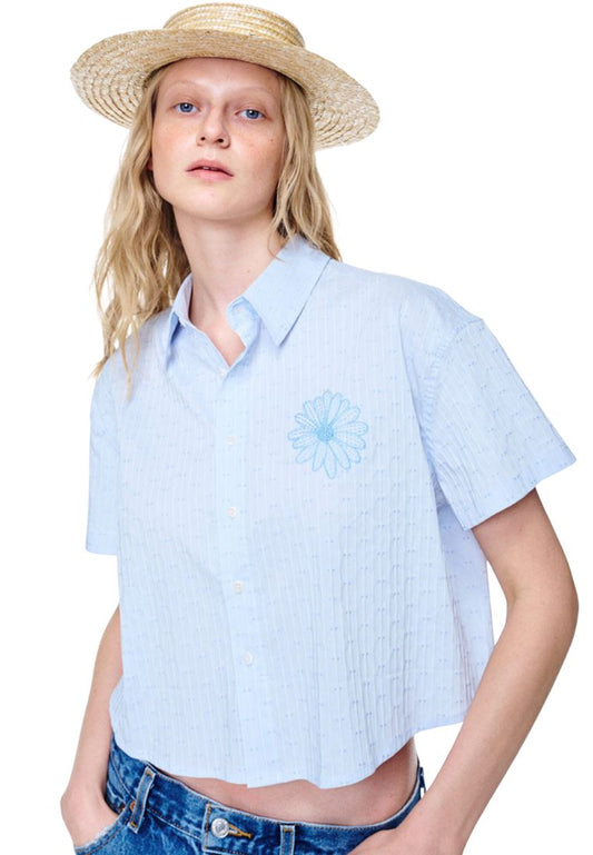 Cotton Cropped Shirt Half Sleeve Sky Blue