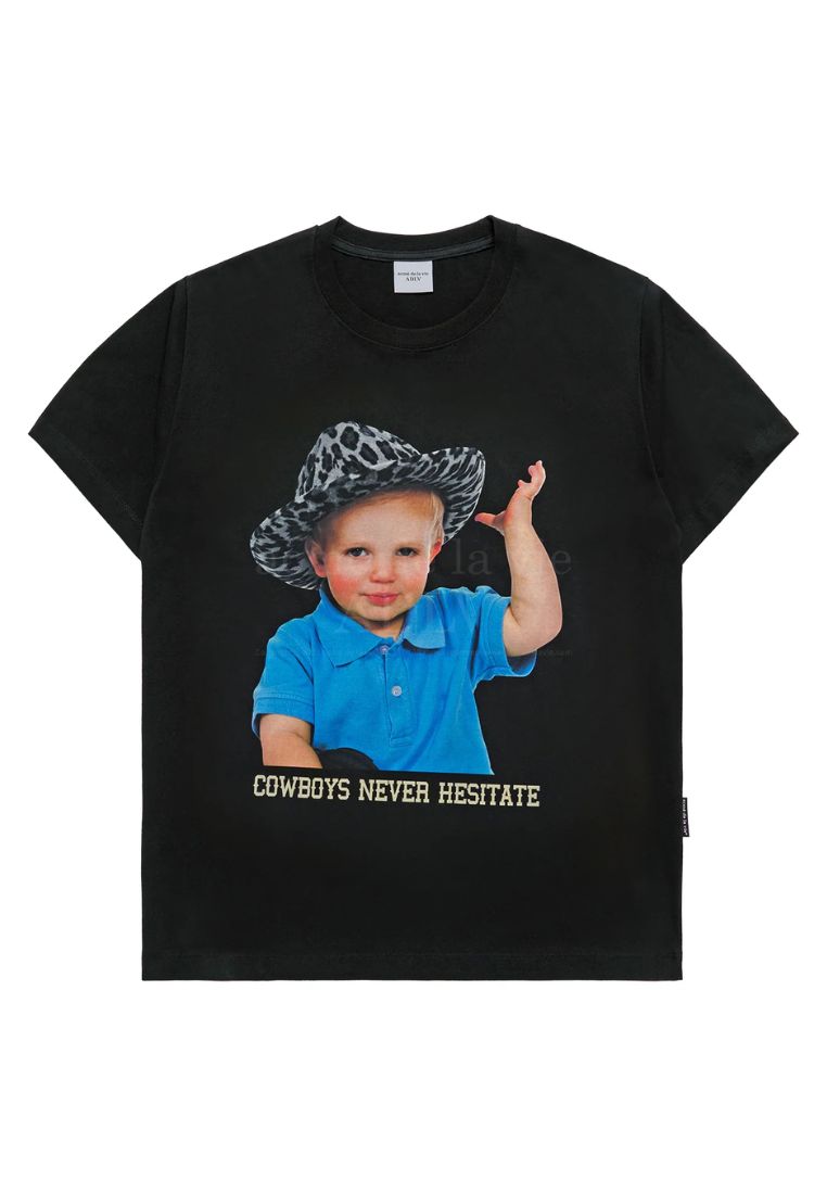 Cowboy Lettering Baby Face Short Sleeve T-Shirt Black