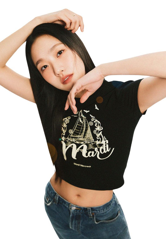 Cropped Tshirt Bon Voyage Black Cream