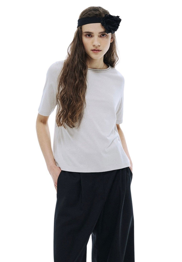 Premium Silk Blended TShirt Logo Boatneck Beige Khaki