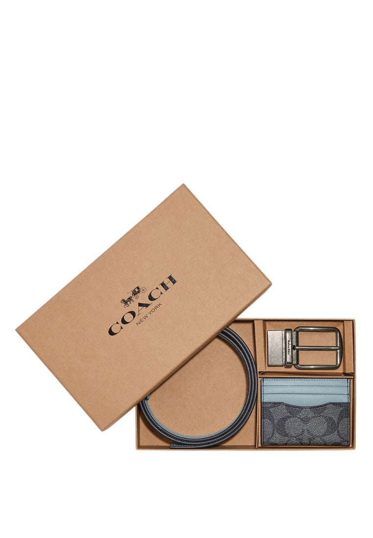 Boxed Card Case And Belt Gift Set In Colorblock Signature Canvas Charcoal Powder Blue