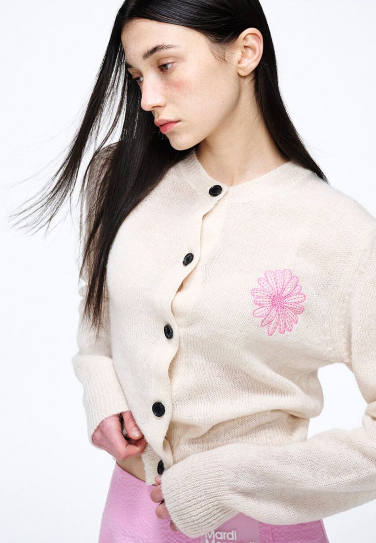 Mohair Cardigan Round Neck Ivory Pink