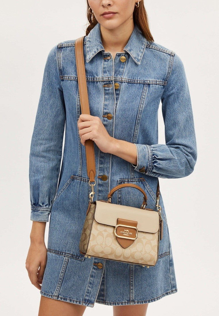 Morgan Top Handle Satchel Bag In Blocked Signature Canvas Light Khaki Multi