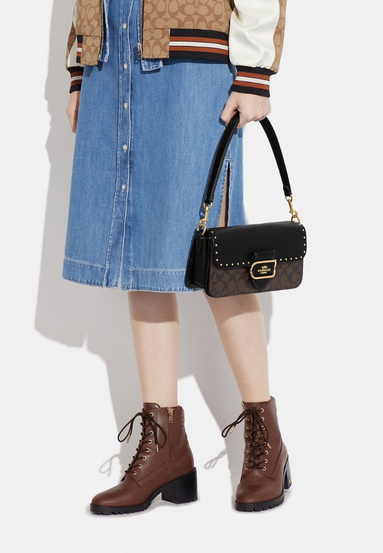Morgan Shoulder Bag In Colorblock Signature Canvas With Rivets Brown Black