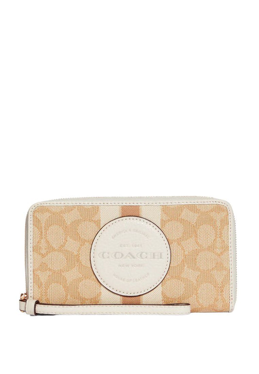 Dempsey Large Phone Wallet In Signature Jacquard With Stripe And Coach Patch Light Khaki Chalk
