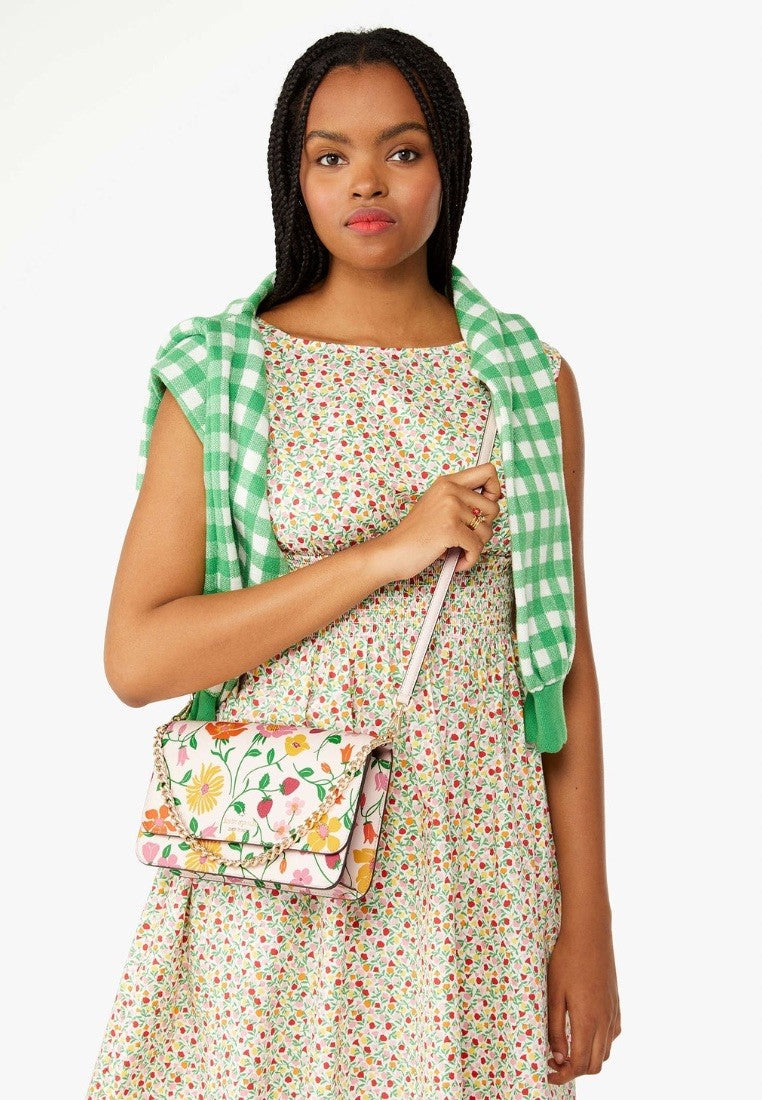 Madison Strawberry Garden Printed Flap Convertible Crossbody Pink Multi