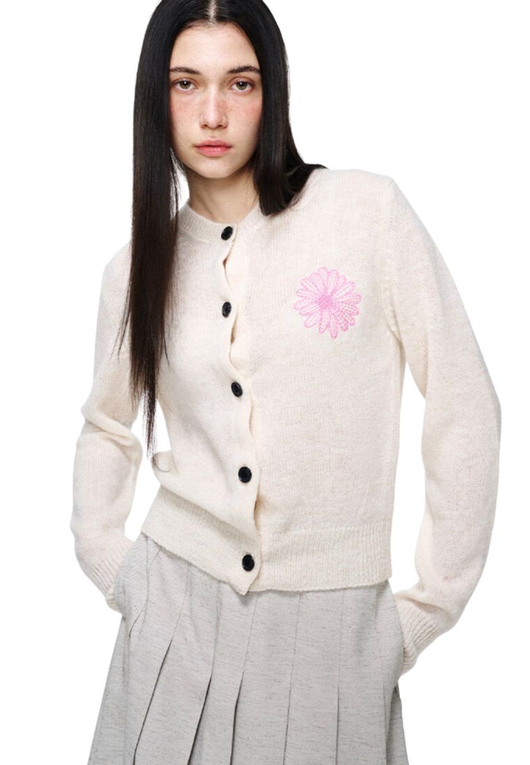 Mohair Cardigan Round Neck Ivory Pink