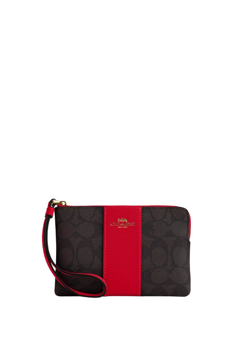 Corner Zip Wristlet In Signature Canvas With Stripe Gold Walnut Bold Red
