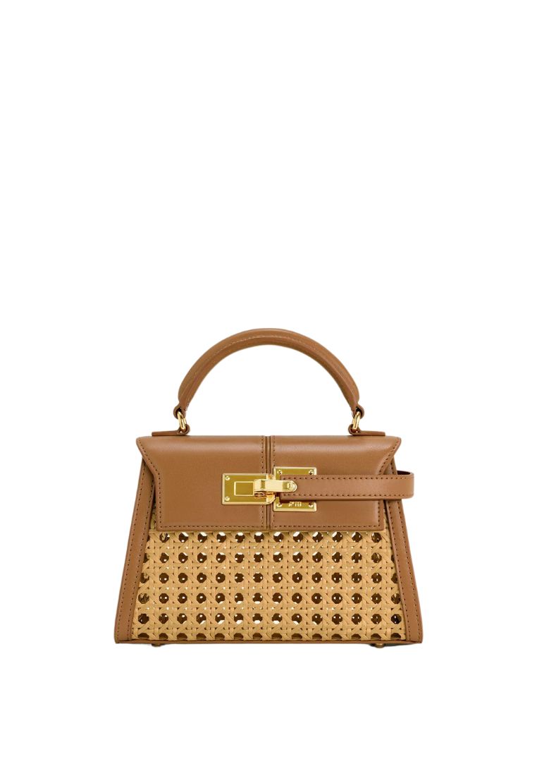 Elise Faux Bamboo Woven Top Handle Bag - Brown