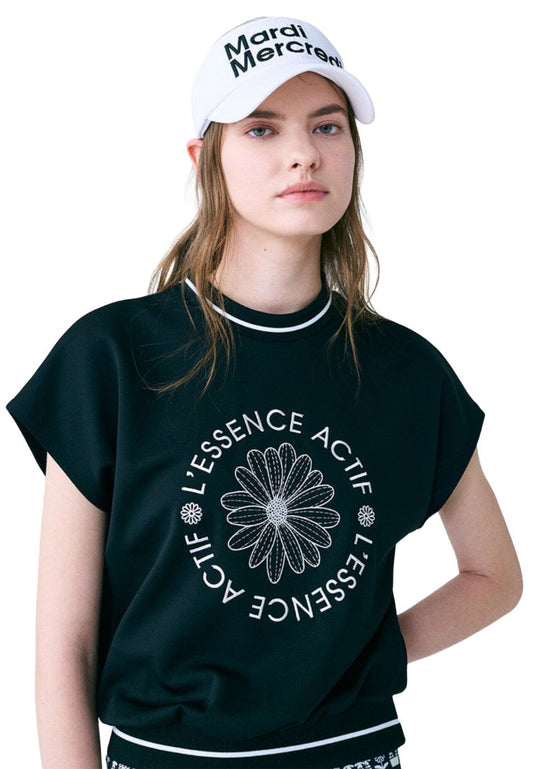 Emblem Embroidered Active Top Black Ivory