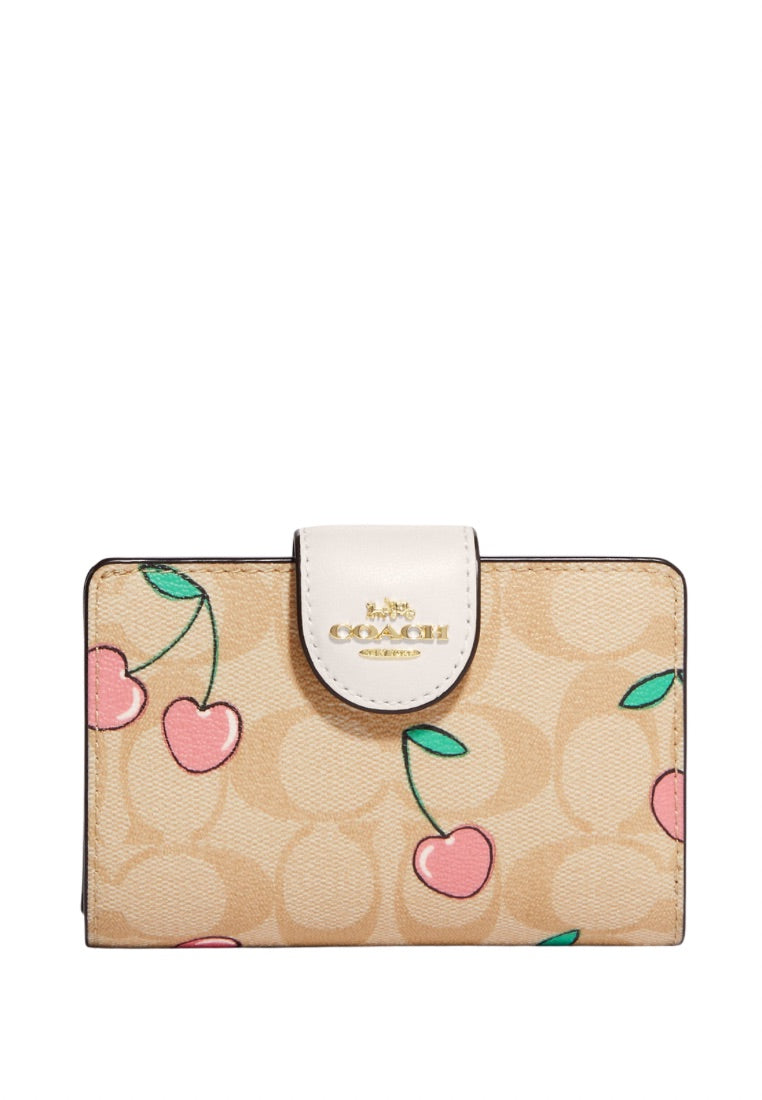 Medium Corner Zip Wallet In Signature Canvas With Heart Cherry Print Light Khaki Multi