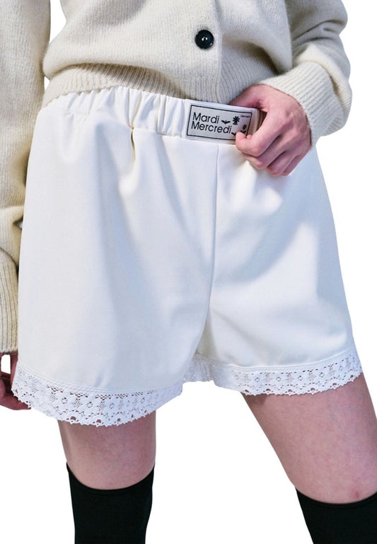 Faux Leather Shorts Lace Ivory