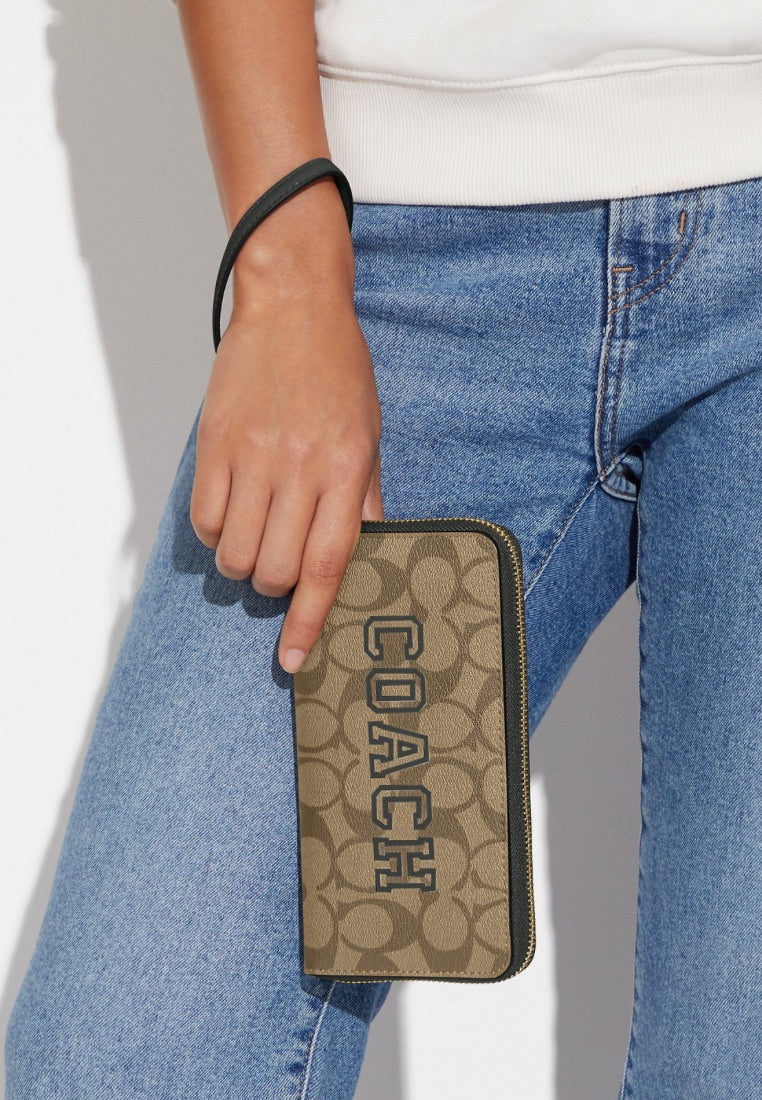 Long Zip Around Wallet In Signature Canvas With Varsity Motif Amazon Green