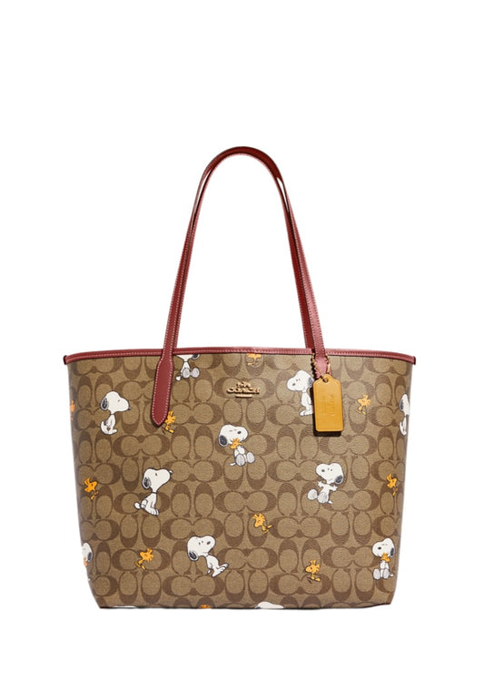Coach X Peanuts City Tote In Signature Canvas With Snoopy Woodstock Print Redwood Multi