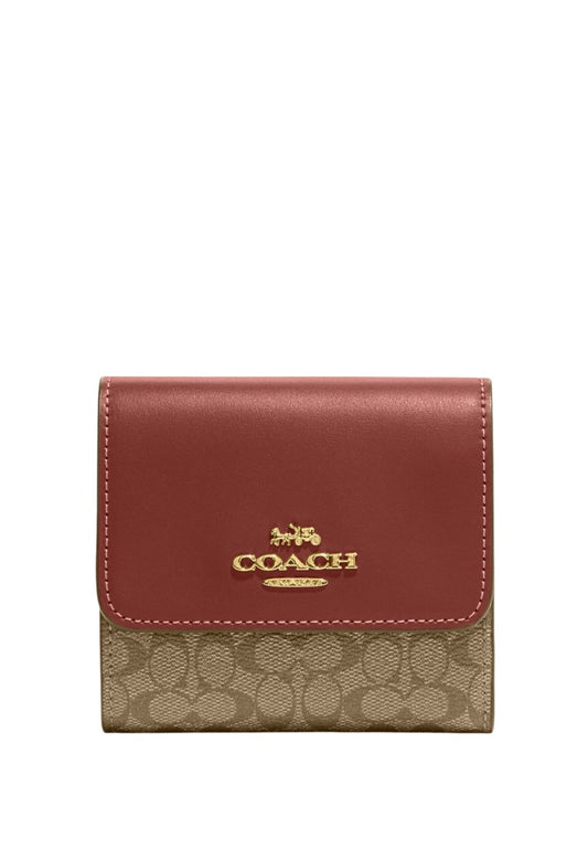Small Trifold Wallet In Colorblock Signature Canvas Khaki Terracotta