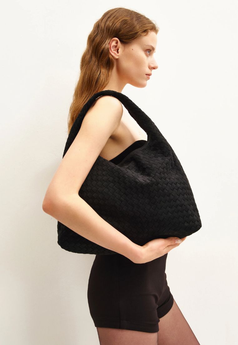 Laura Faux Suede Woven Shoulder Bag - Black