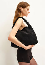 Laura Faux Suede Woven Shoulder Bag - Black