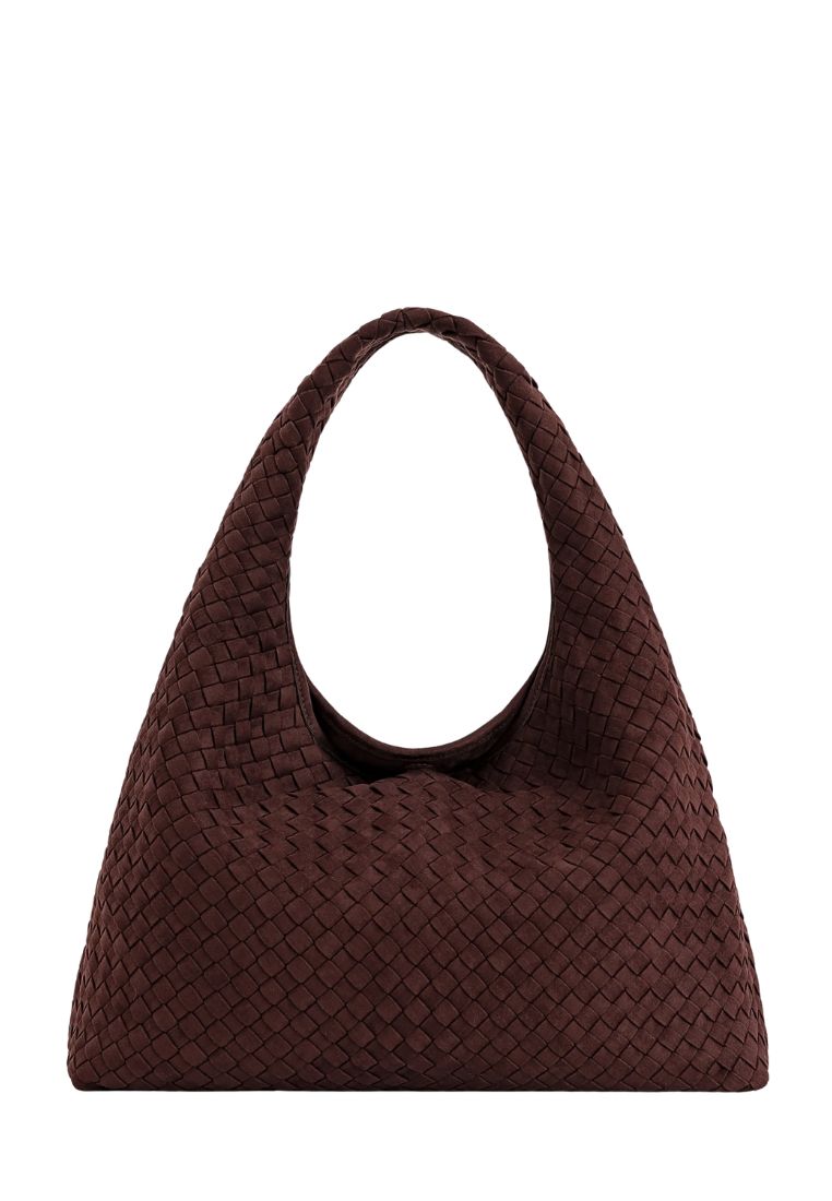 Laura Faux Suede Woven Shoulder Bag - Dark Brown