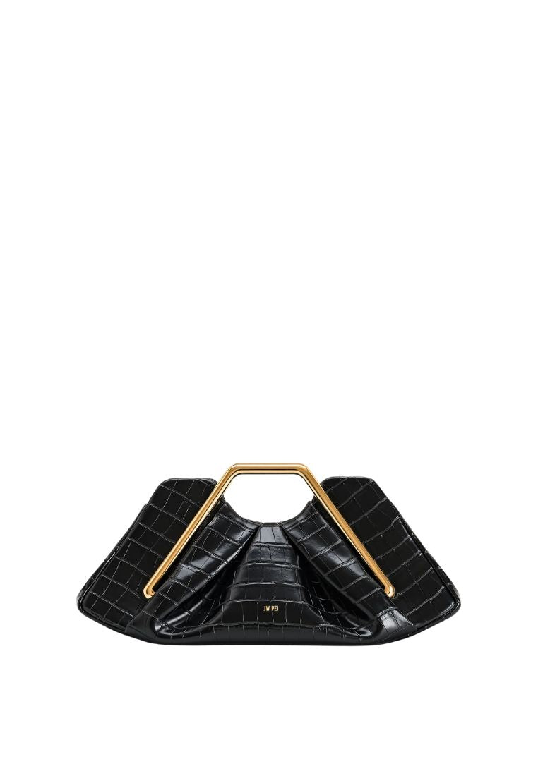 Lila Faux Croc-Effect Metal Frame Clutch - Black