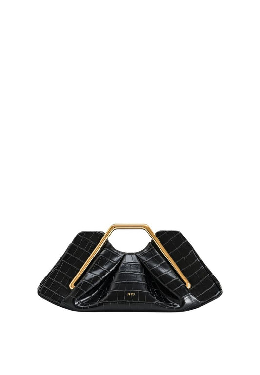 Lila Faux Croc-Effect Metal Frame Clutch - Black