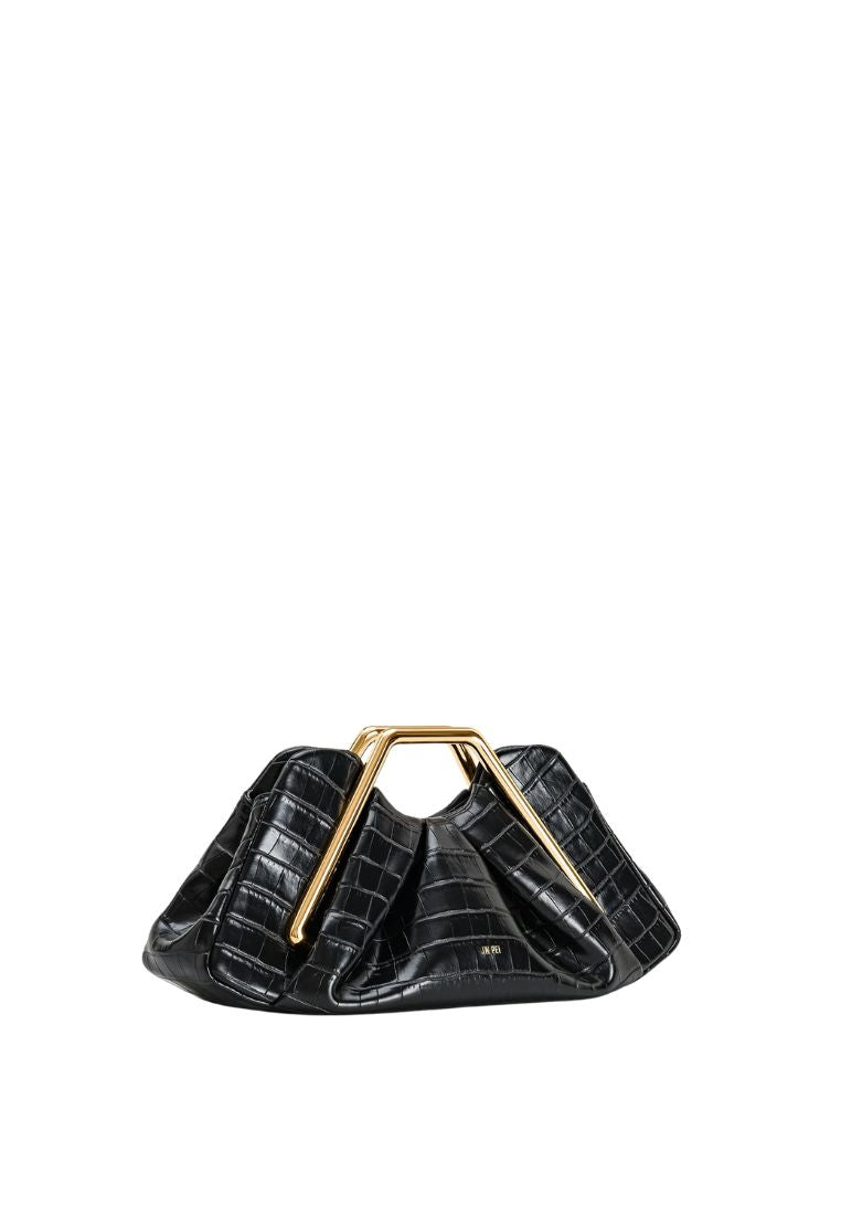 Lila Faux Croc-Effect Metal Frame Clutch - Black