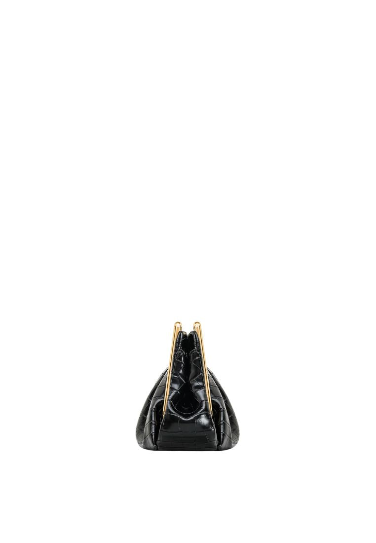 Lila Faux Croc-Effect Metal Frame Clutch - Black