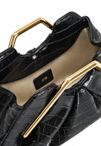 Lila Faux Croc-Effect Metal Frame Clutch - Black