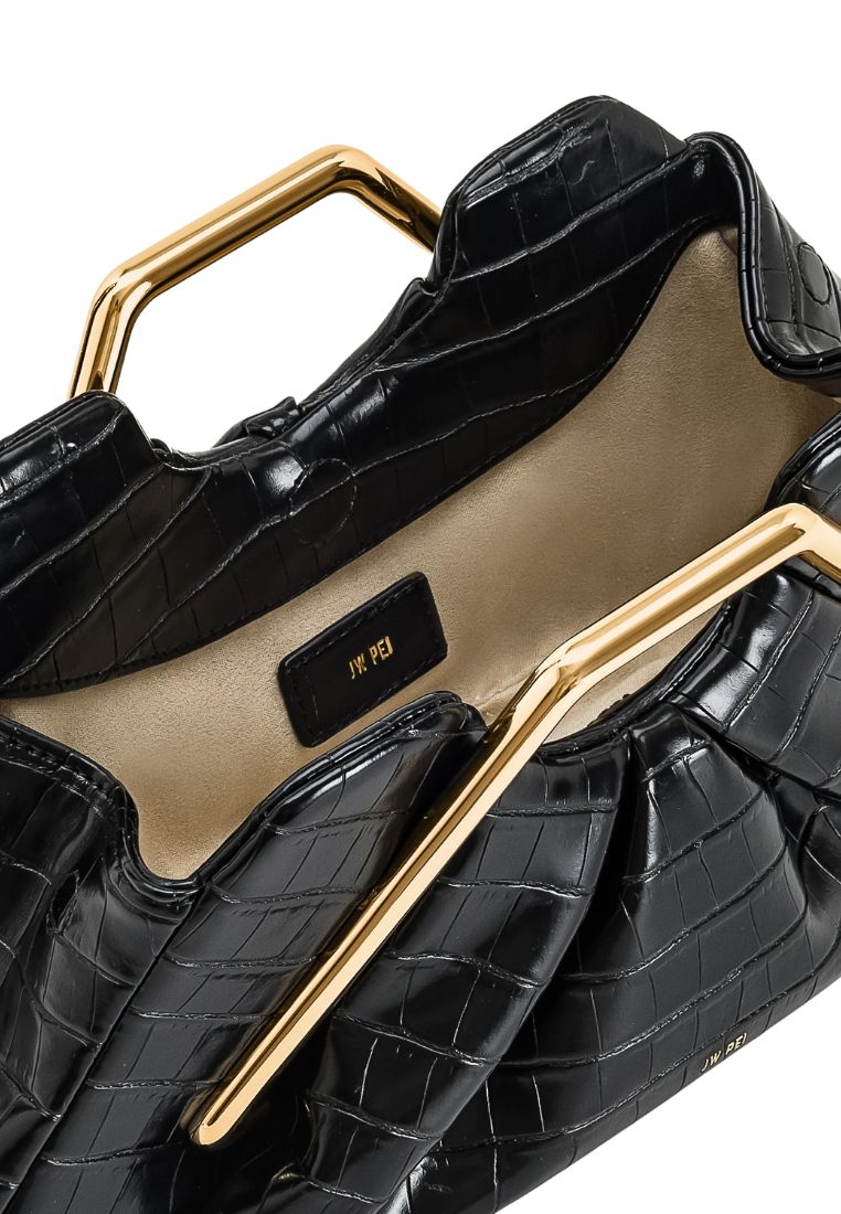 Lila Faux Croc-Effect Metal Frame Clutch - Black