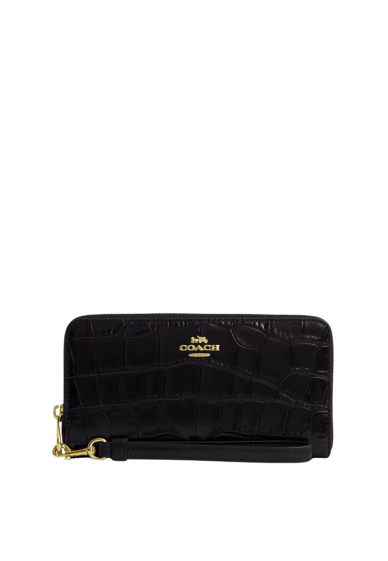 Long Zip Around Wallet Embossed Crocodile Gold Black