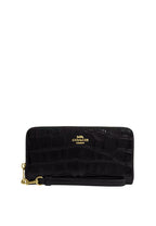Long Zip Around Wallet Embossed Crocodile Gold Black