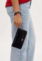 Long Zip Around Wallet Embossed Crocodile Gold Black