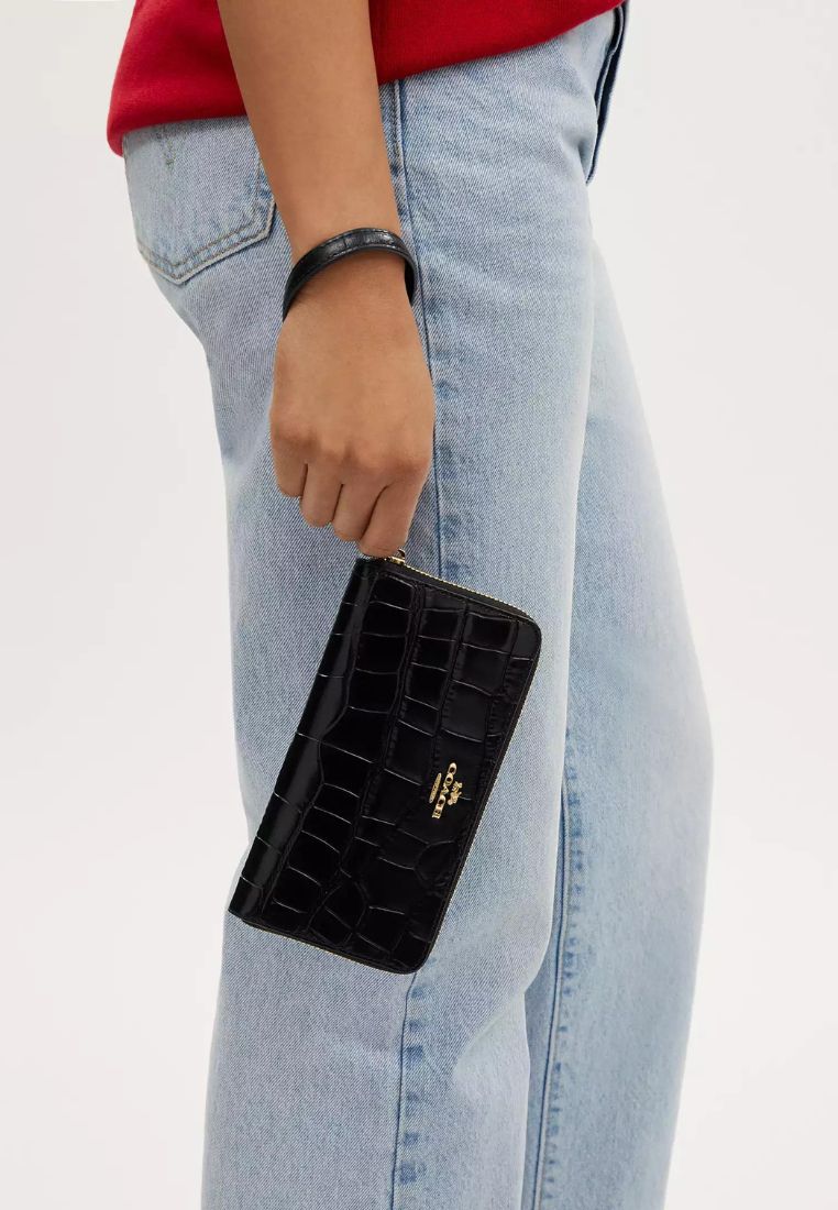 Long Zip Around Wallet Embossed Crocodile Gold Black